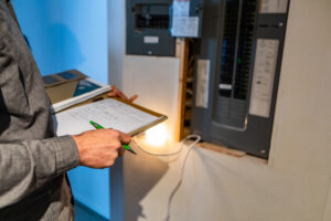 Person inspecting electrical panel with clipboard.