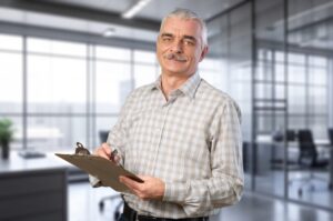 Man holding clipboard in modern office.